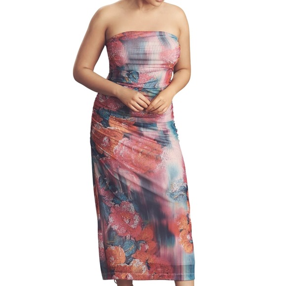 ANTHROPOLOGIE‎ Soleil Slim Strapless Midi Dress L and XL Ruched Mesh Pink Floral - Picture 11 of 16